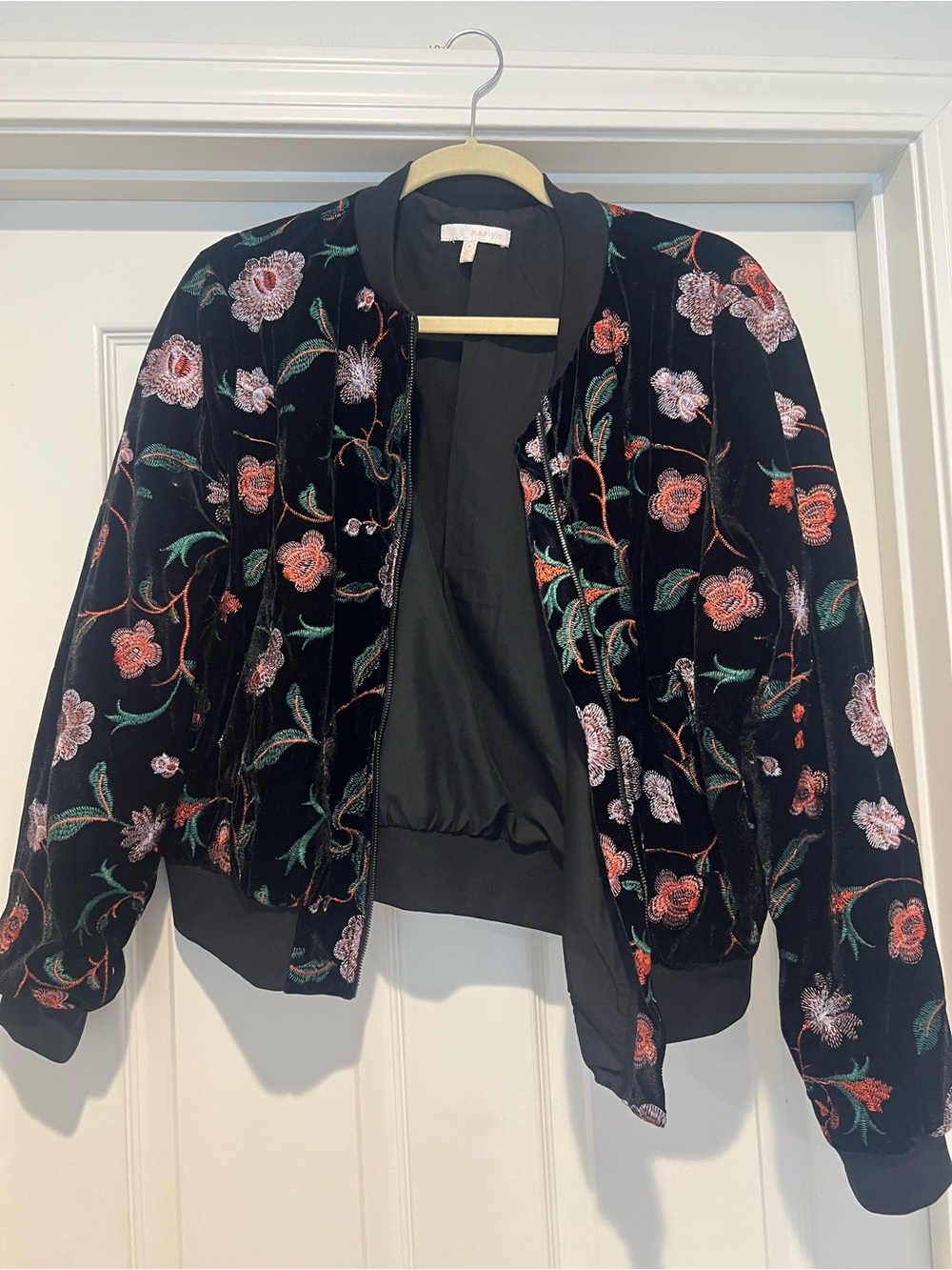 Floral Embroidered Velvet Bomber Jacket - Black
